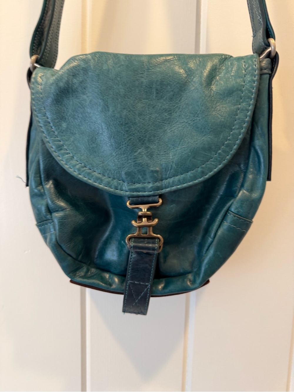 Teal Leather Crossbody Bag with Buckle Accent